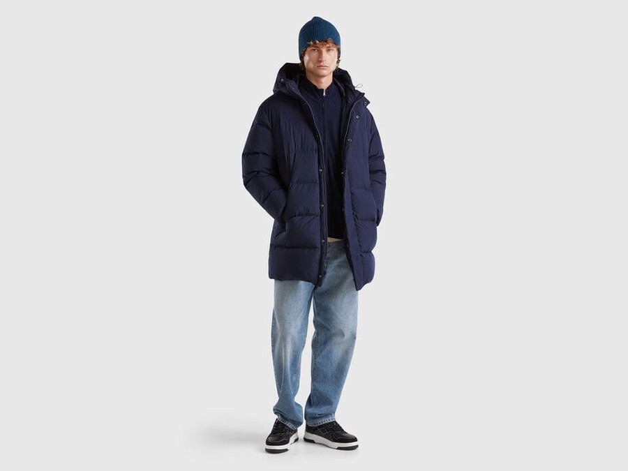 long puffer jacket with recycled down