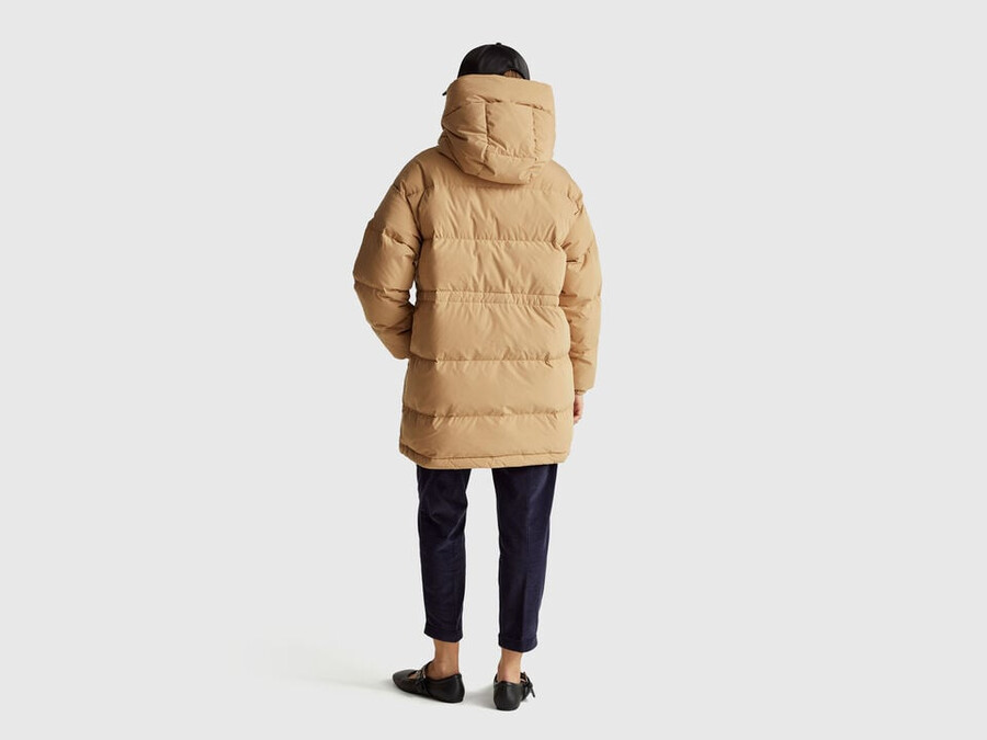 long down jacket padded with recycled feathers