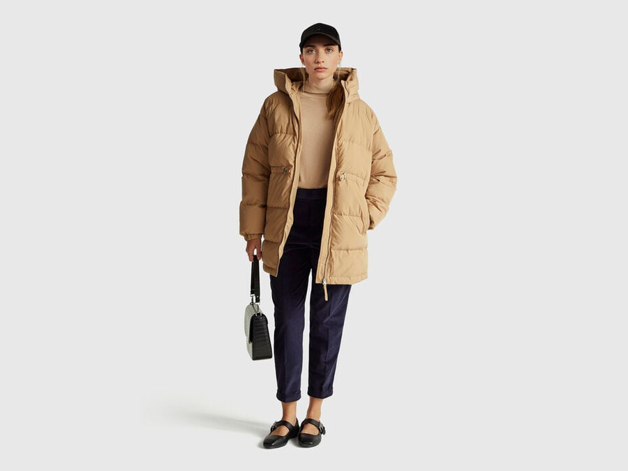 long down jacket padded with recycled feathers