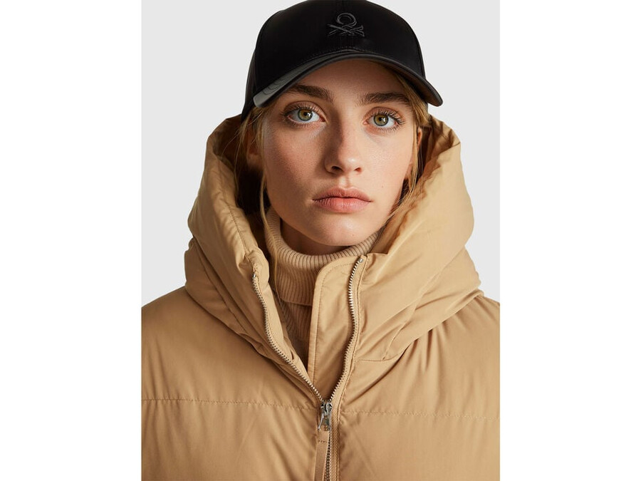 long down jacket padded with recycled feathers