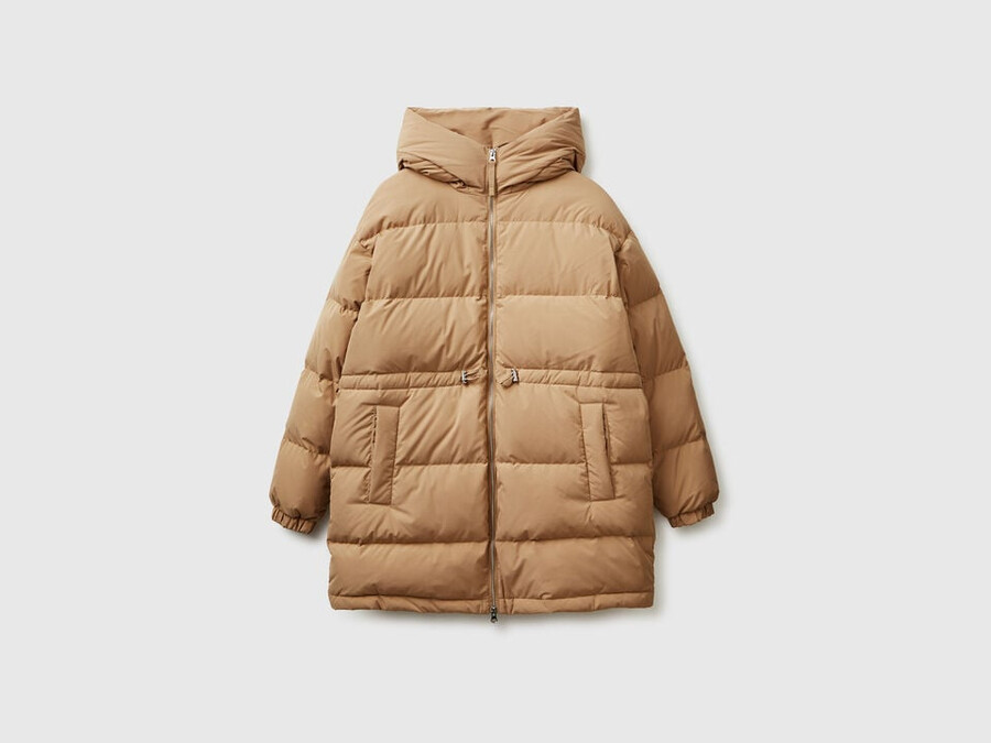 long down jacket padded with recycled feathers