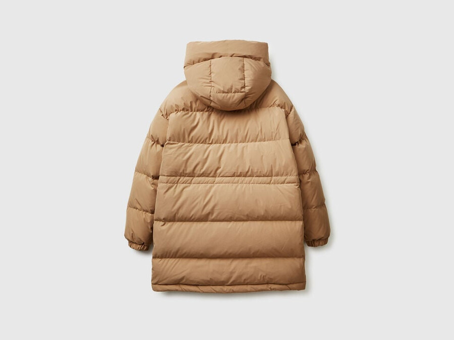 long down jacket padded with recycled feathers
