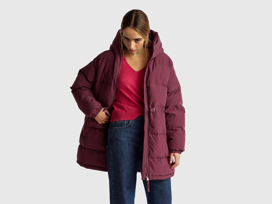long down jacket padded with recycled feathers