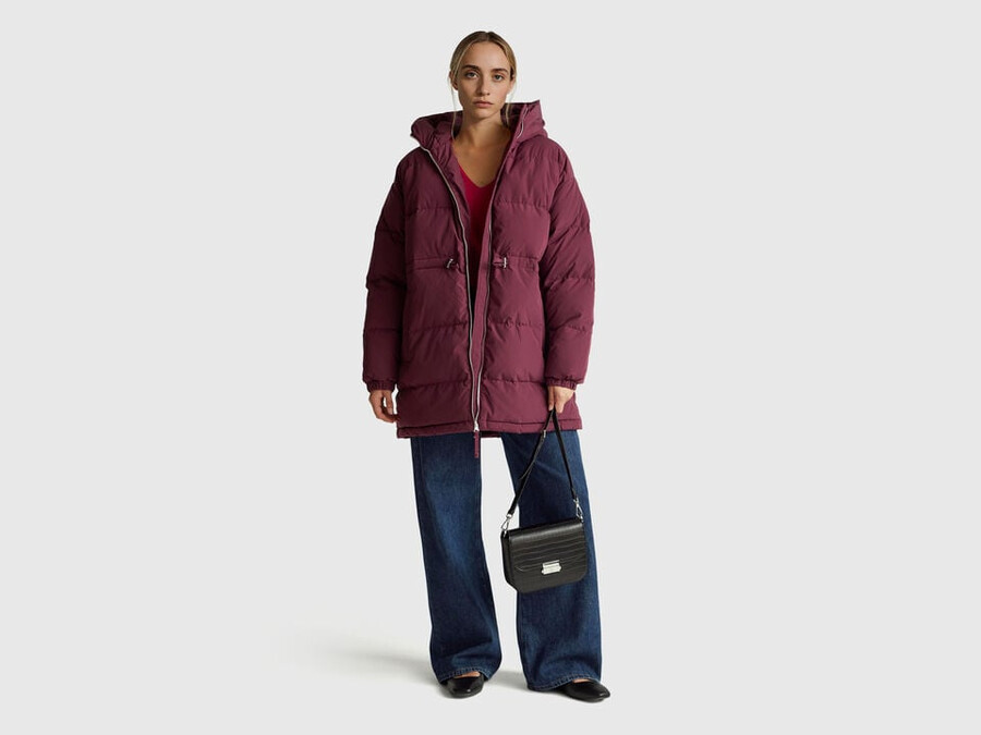 long down jacket padded with recycled feathers