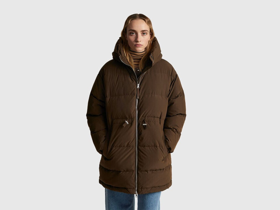 long down jacket padded with recycled feathers