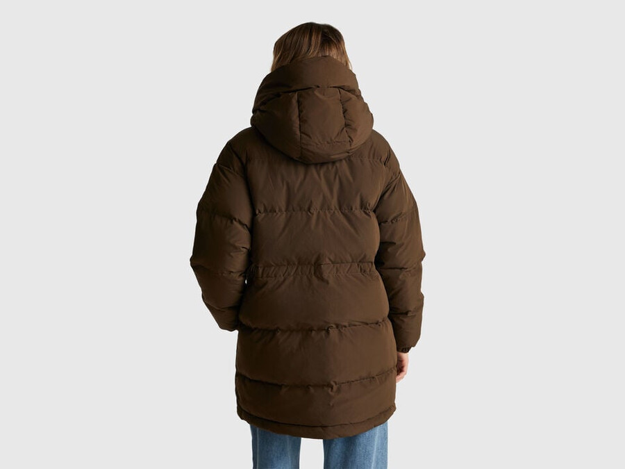 long down jacket padded with recycled feathers