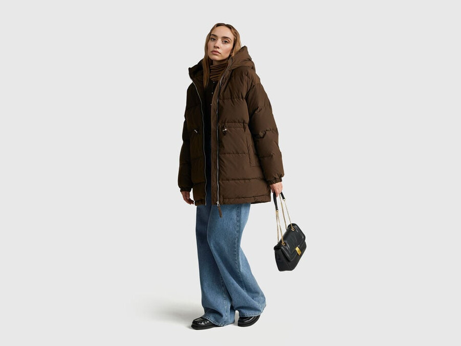 long down jacket padded with recycled feathers