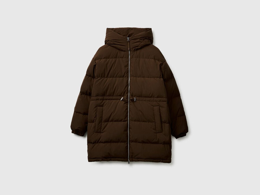 long down jacket padded with recycled feathers