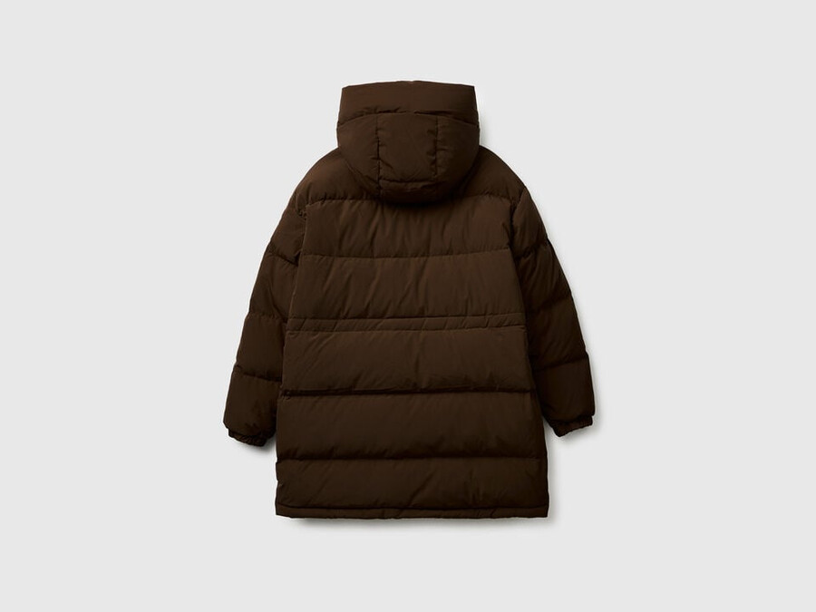 long down jacket padded with recycled feathers