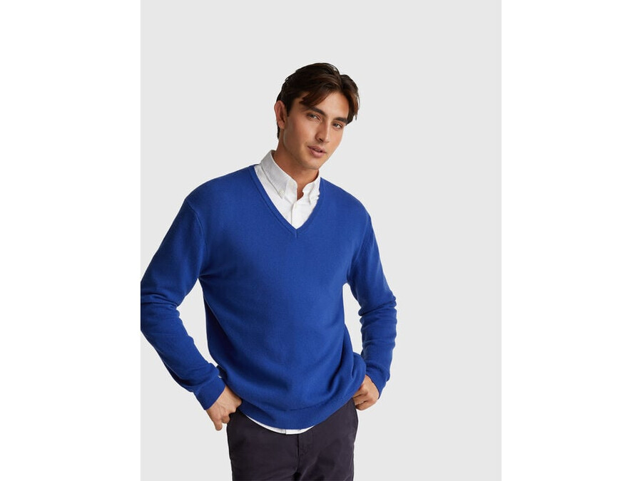 cornflower blue v-neck sweater in pure merino wool