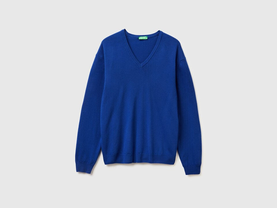 cornflower blue v-neck sweater in pure merino wool