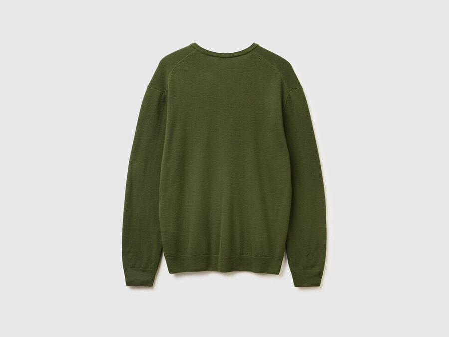 olive green v-neck sweater in pure merino wool