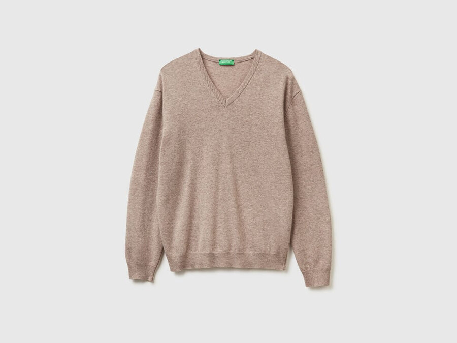 brown mélange v-neck sweater in pure merino wool