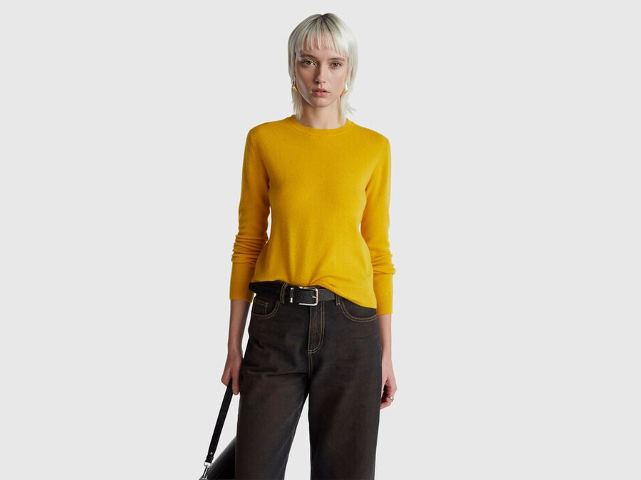 ocher yellow crew neck sweater in merino wool