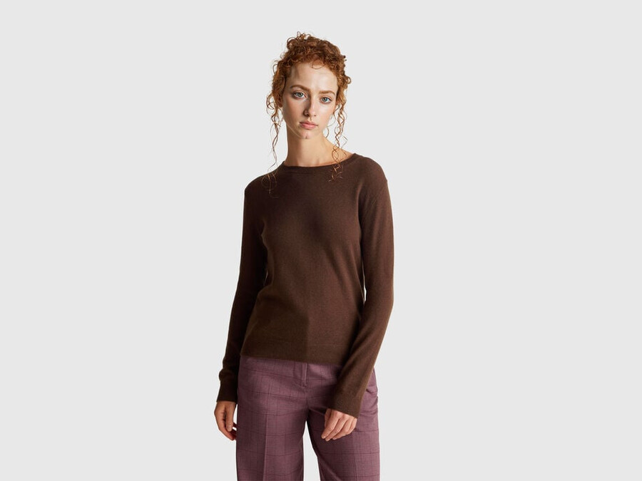 brown crew neck sweater in merino wool