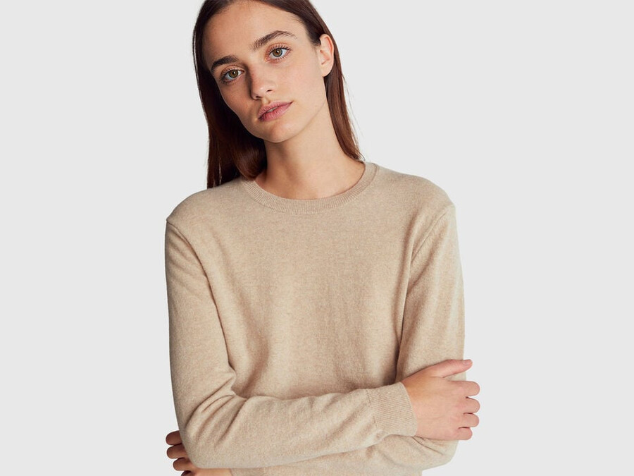 beige crew neck sweater in pure merino wool