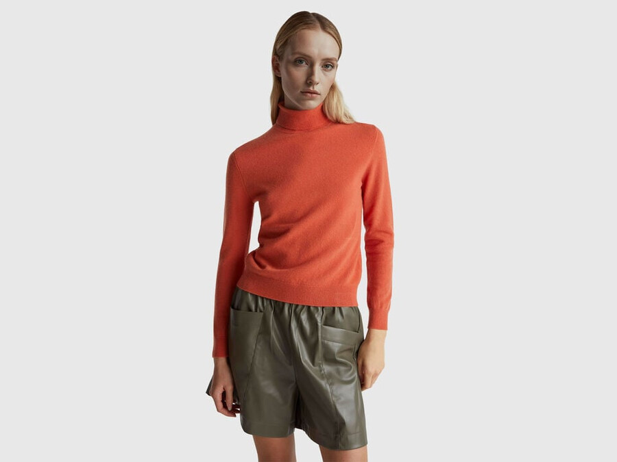 orange turtleneck sweater in pure merino wool