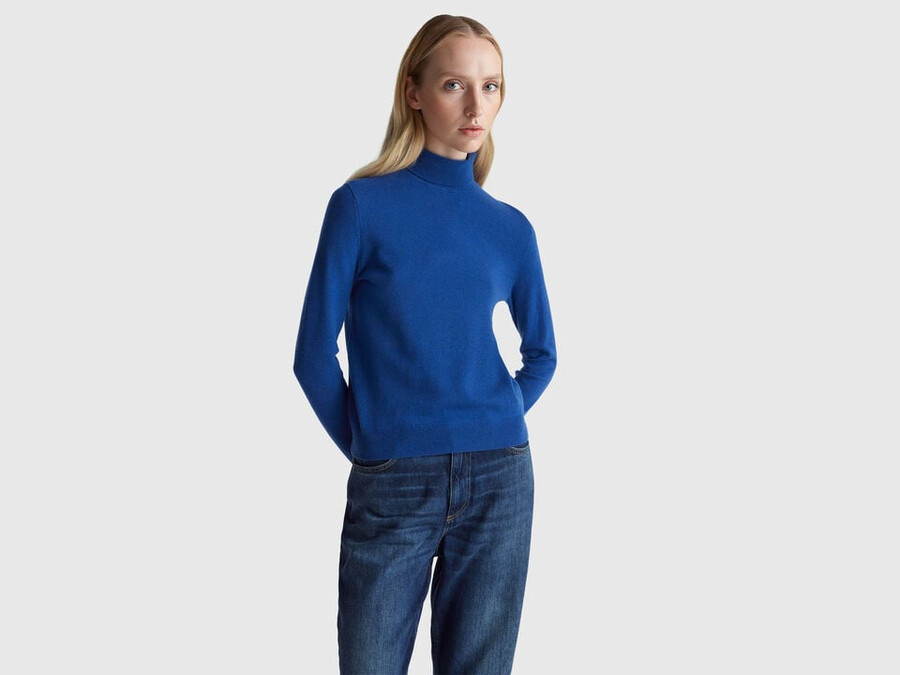 blue turtleneck sweater in pure merino wool