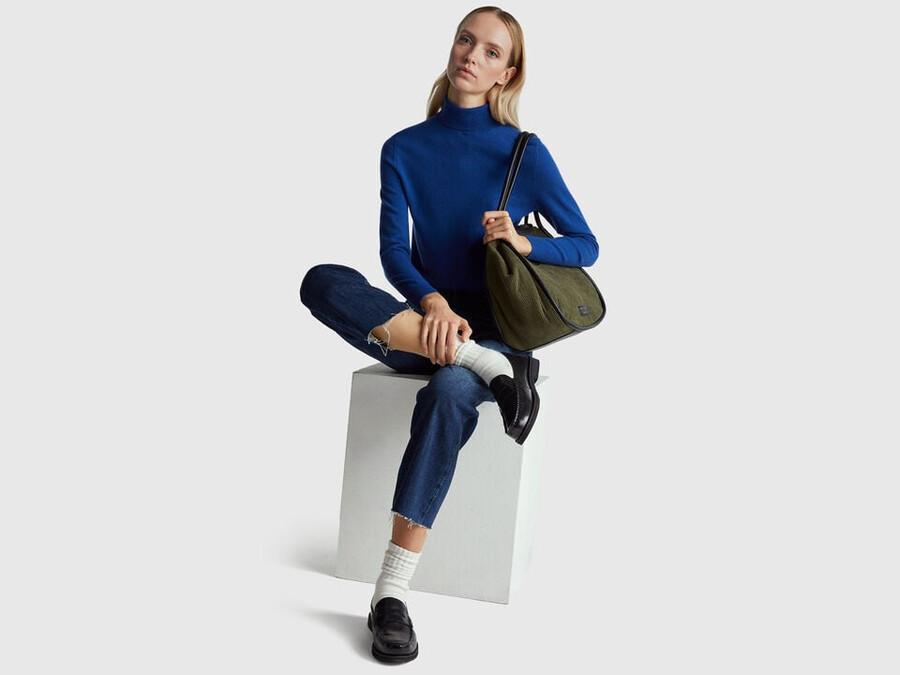 blue turtleneck sweater in pure merino wool