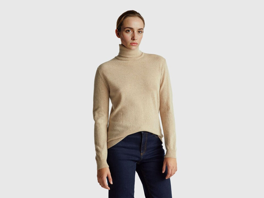 beige turtleneck sweater in pure merino wool
