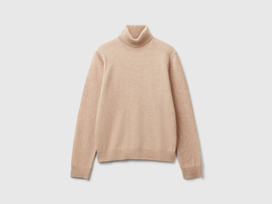 beige turtleneck sweater in pure merino wool