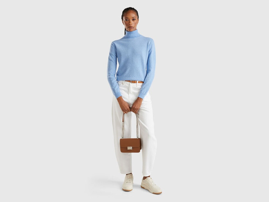 sky blue turtleneck sweater in pure merino wool