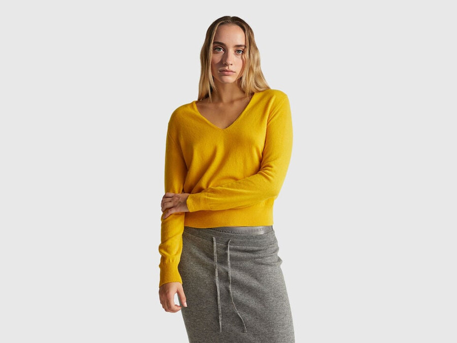 ocher yellow v-neck sweater in pure merino wool