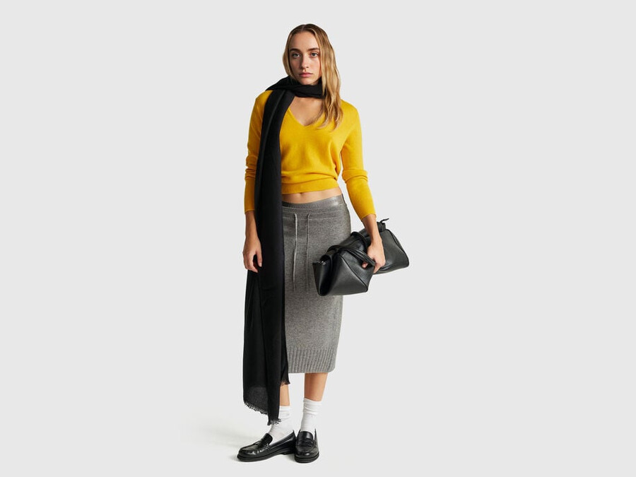 ocher yellow v-neck sweater in pure merino wool