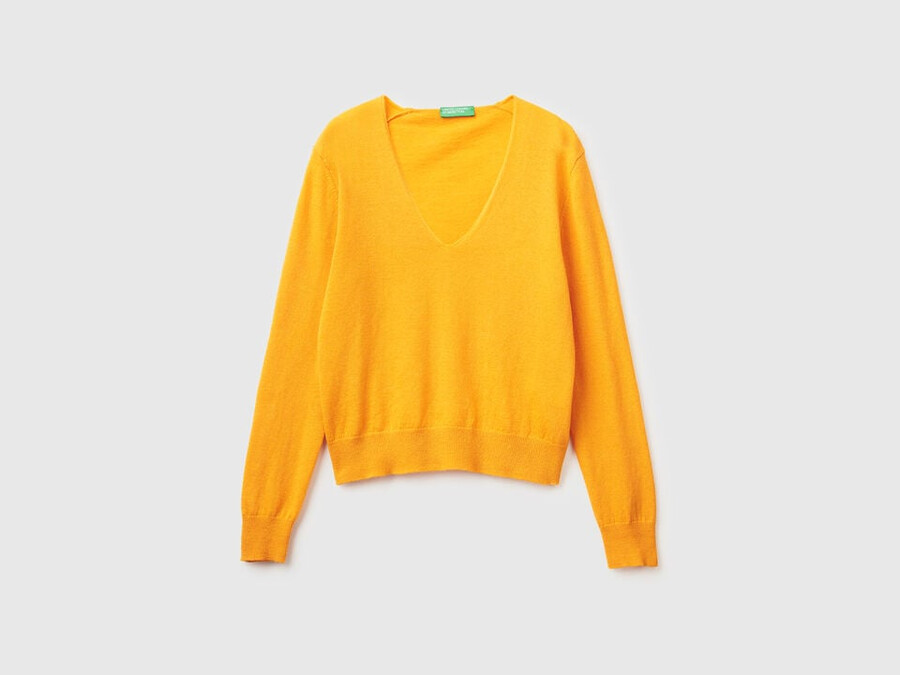 ocher yellow v-neck sweater in pure merino wool