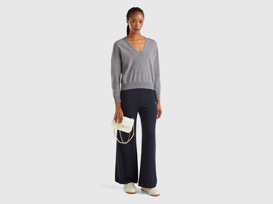 mouse gray v-neck sweater in pure merino wool