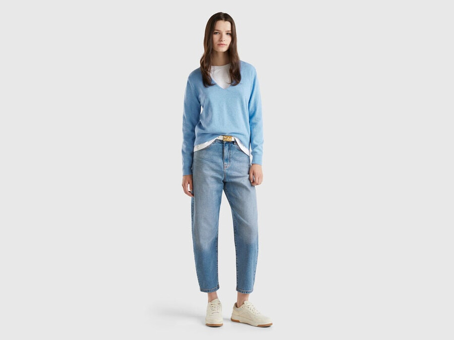 sky blue v-neck sweater in pure merino wool
