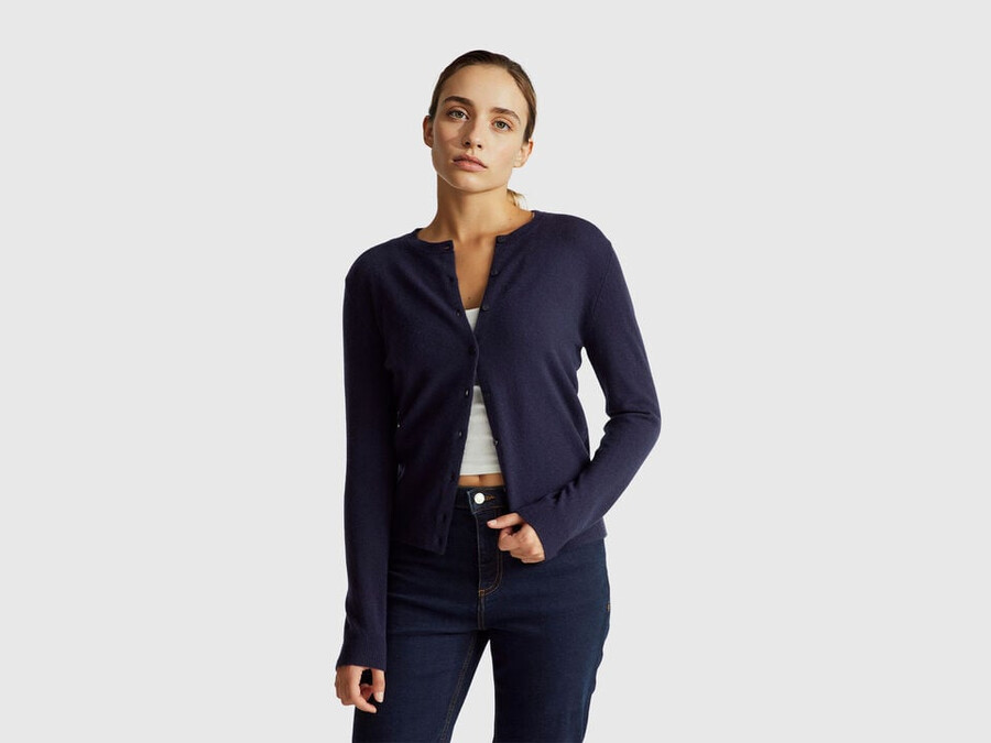 dark blue crew neck cardigan in pure merino wool