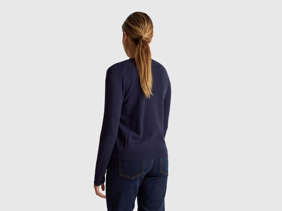 dark blue crew neck cardigan in pure merino wool