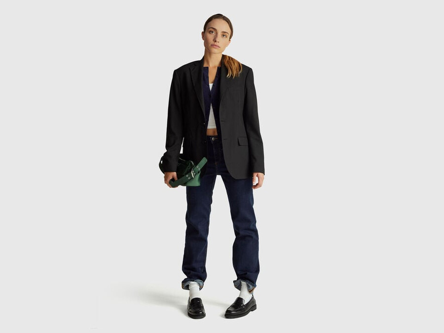 dark blue crew neck cardigan in pure merino wool