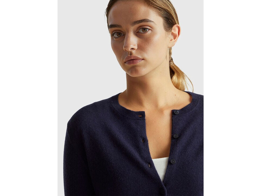 dark blue crew neck cardigan in pure merino wool