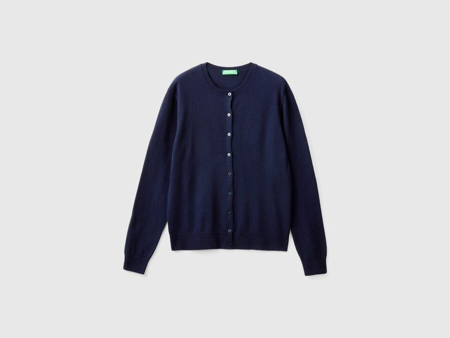dark blue crew neck cardigan in pure merino wool