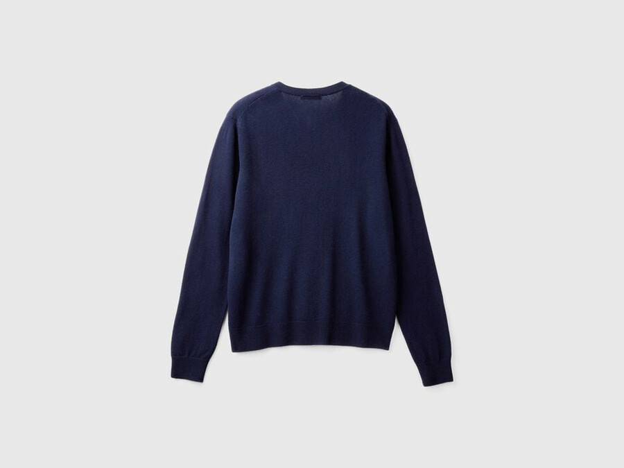 dark blue crew neck cardigan in pure merino wool