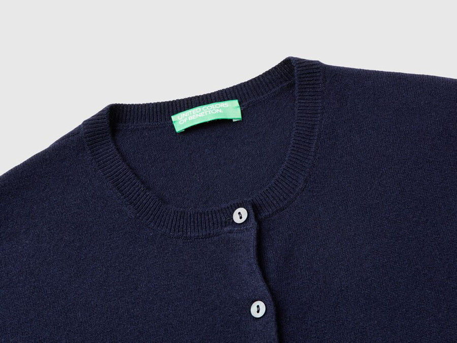 dark blue crew neck cardigan in pure merino wool