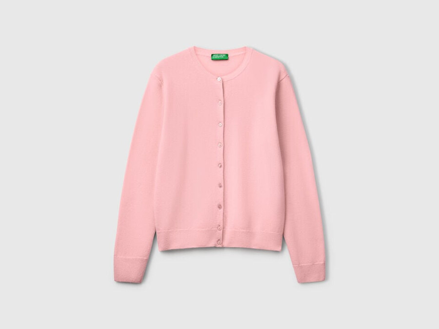 powder pink crew neck cardigan in pure merino wool