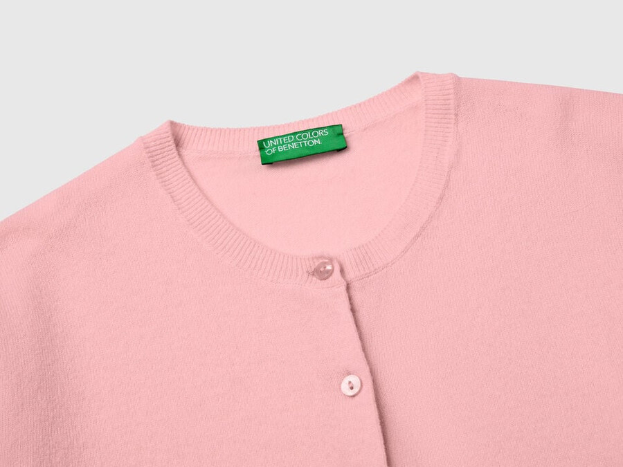 powder pink crew neck cardigan in pure merino wool