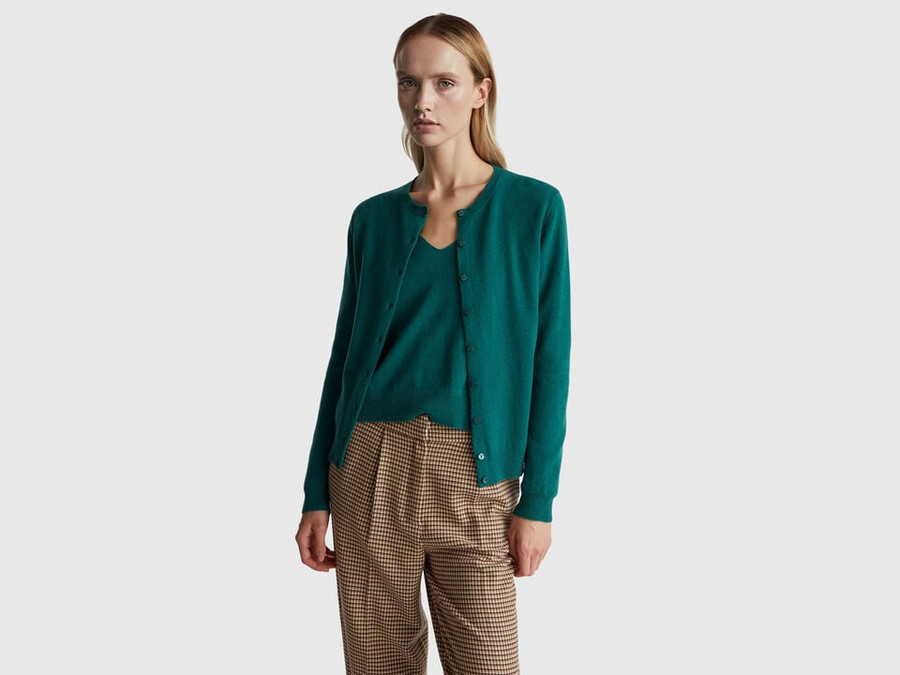 green crew neck cardigan in pure merino wool