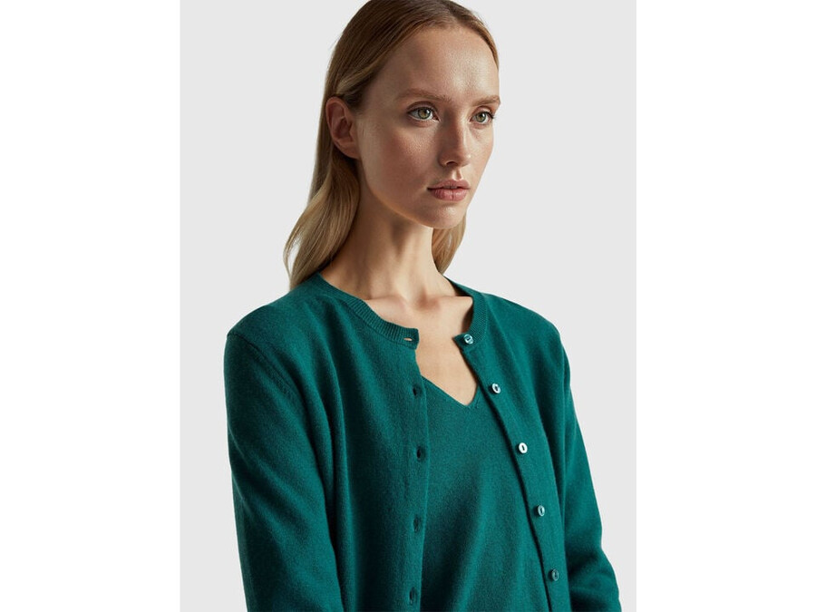 green crew neck cardigan in pure merino wool