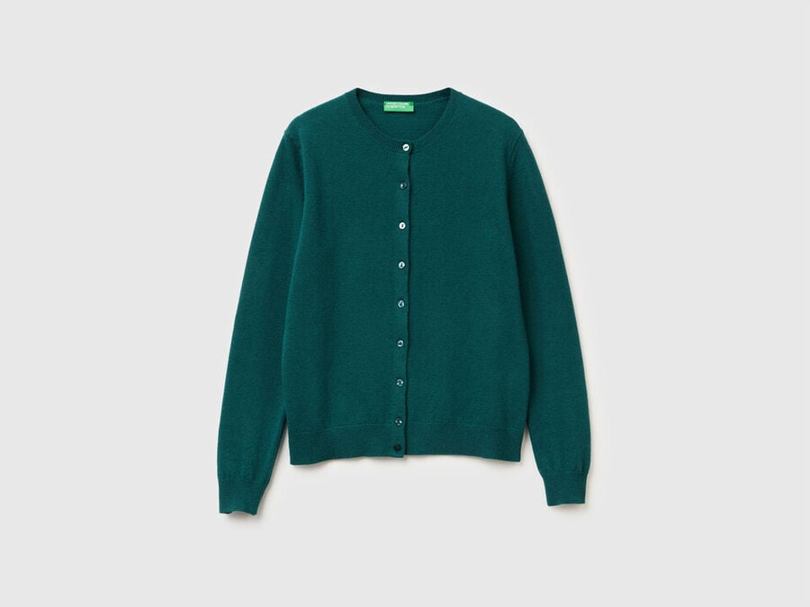 green crew neck cardigan in pure merino wool