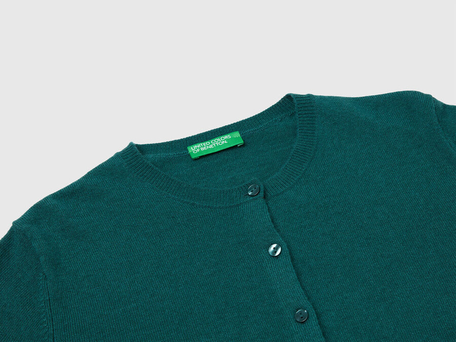 green crew neck cardigan in pure merino wool