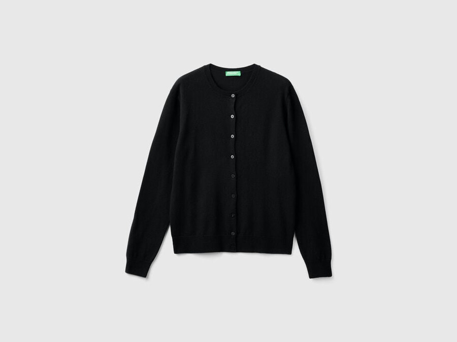 black crew neck cardigan in pure merino wool