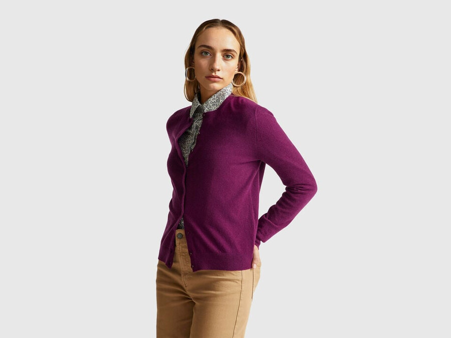 purple crew neck cardigan in pure merino wool