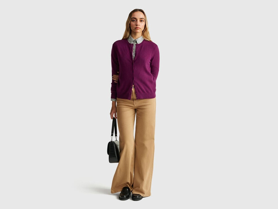 purple crew neck cardigan in pure merino wool