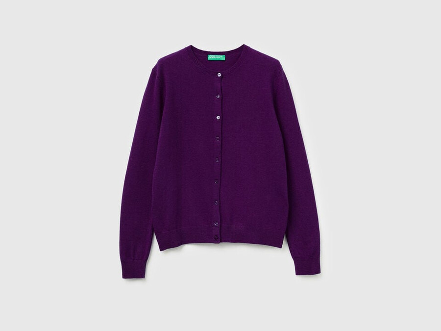 purple crew neck cardigan in pure merino wool