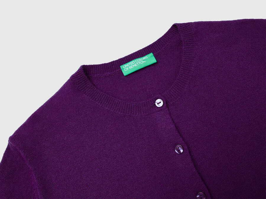 purple crew neck cardigan in pure merino wool