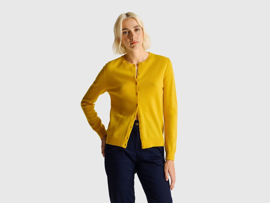 ocher yellow crew neck cardigan in pure merino wool